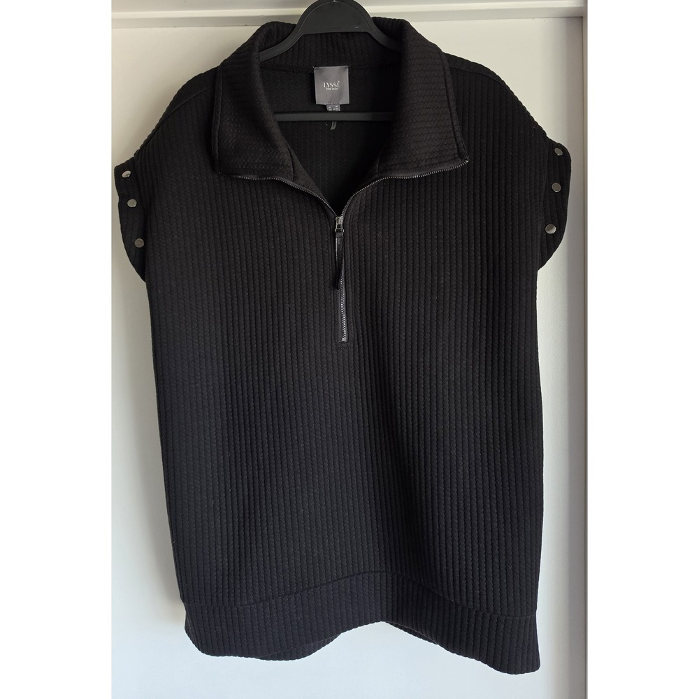 LYSSÉ Women Sleeveless Collared Top Size M Black Ribbed Tank Blouse Shirt Studs